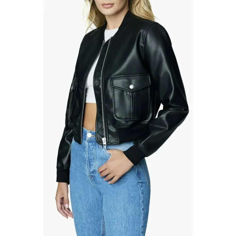 Blank NYC Black Vegan Faux Leather Bomber Jacket Sz Large NWT